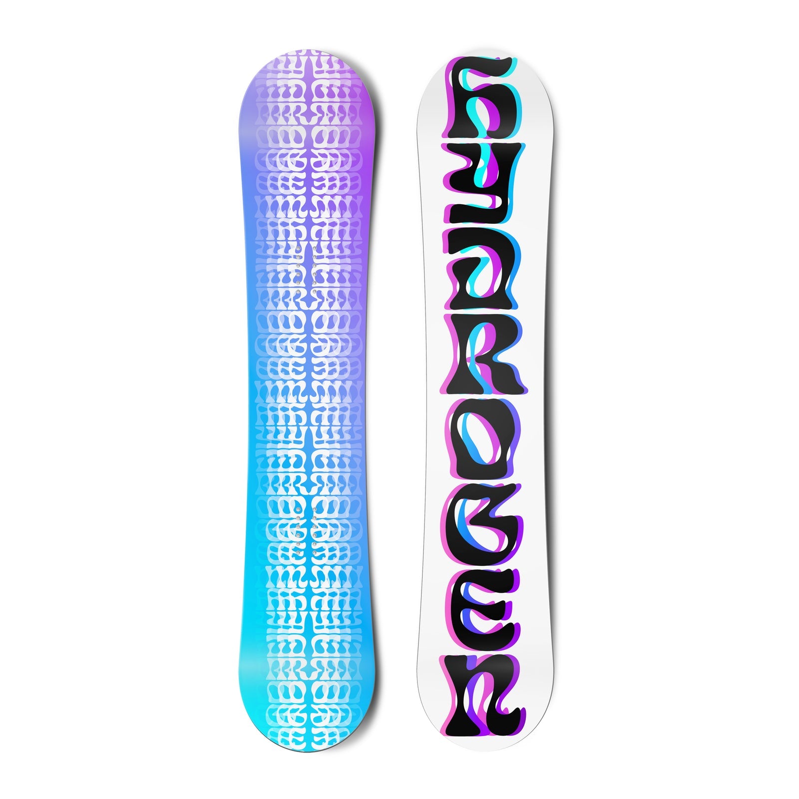 Top and bottom view of a snowboard.The top view shows the text “hydrogen” in overlapping blue,
          pink and black font. The bottom view is a purple to blue gradient with white geometric pattern overlay.